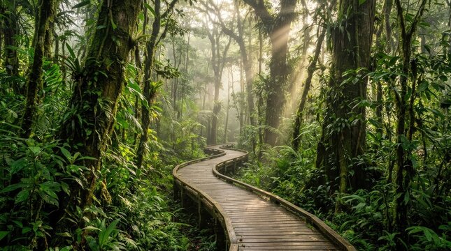 Winding wooden boardwalk going through lush tropical rainforest with sunbeams