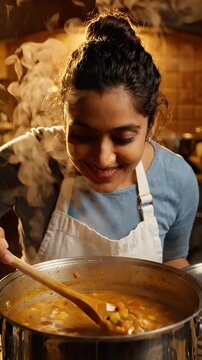 Woman Stirring Boiling Soup in Pot - A smiling woman wearing an apron stirs a large pot of steaming, boiling soup with a wooden spoon.