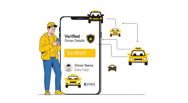 Taxi App Verification: Driver and Cars Connected on Mobile