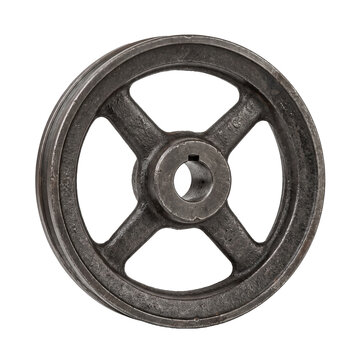 Old rustic iron pulley wheel with four spokes isolated on transparent background for machinery mechanical engineering industrial vintage repair or power transmission.