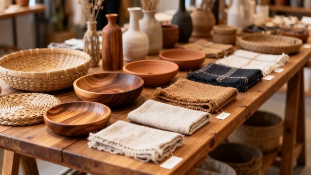 Independent retail display with ceramic pieces natural wood shelf local ret