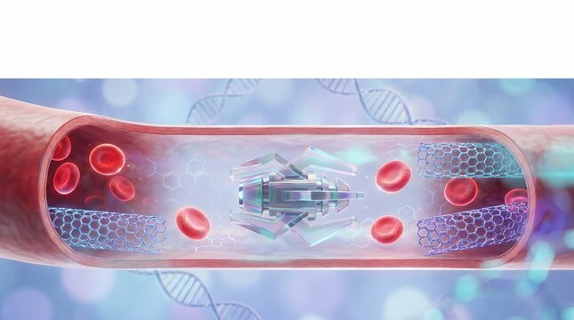 Microscopic nanobot robot navigating through a human blood vessel with red blood cells and stents.