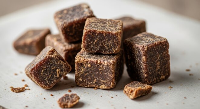 Close up of dark brown jaggery cubes on white surface.