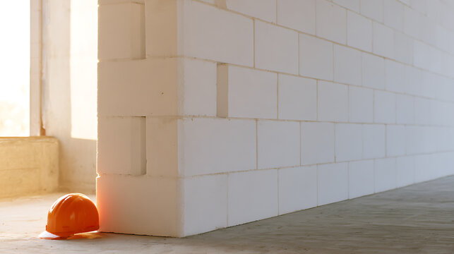 Clean White Block Wall Construction Site with Orange Safety Helmet, Under Development, Building Project, Natural Light Spill