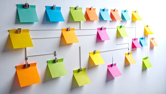 Organized sticky notes linked by lines, illustrating workflow planning, task management, productivity, scheduling, and team collaboration.