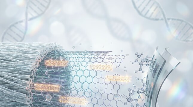 Abstract scientific background showing carbon nanotubes and molecular structures with DNA helix.