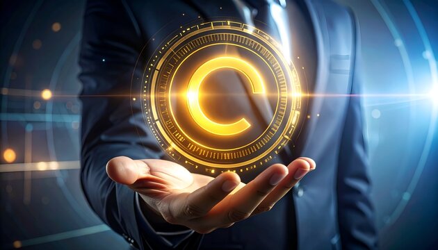 Glowing copyright symbol above an open hand, illustrating intellectual property rights, licensing, digital assets, legal protection, and innovation.