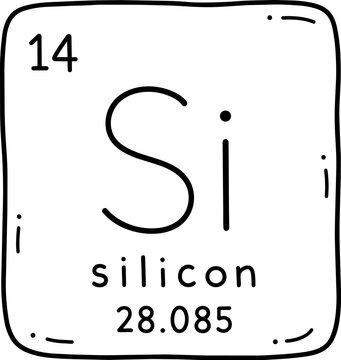 Silicon periodic table element with atomic number 14, symbol Si and atomic mass 28.085.