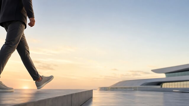 Low-angle view of a professional stepping forward on a terrace at sunset, portraying career advancement, strategic future ambition, and confident goal progression.
