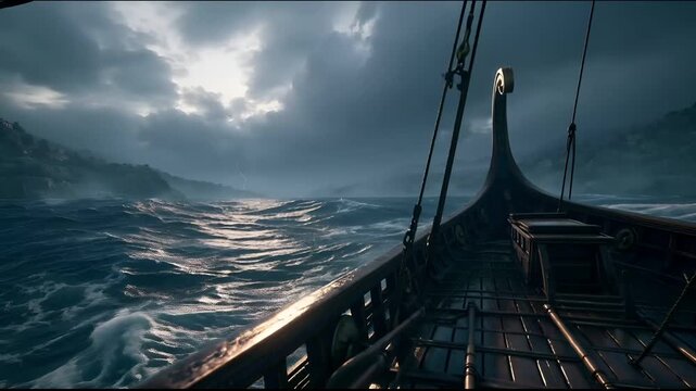 Europe medieval lifestyle. A vivid portrayal of a ships deck amidst turbulent waters. The ships wooden deck, intricately designed with ropes and pulleys, contrasts with the deep blue of the ocean.