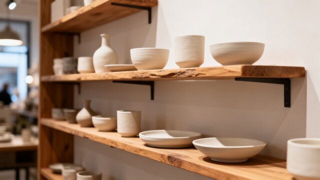 Independent retail display with ceramic pieces natural wood shelf local ret