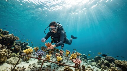 Obraz premium Scuba diver restoring coral reef underwater