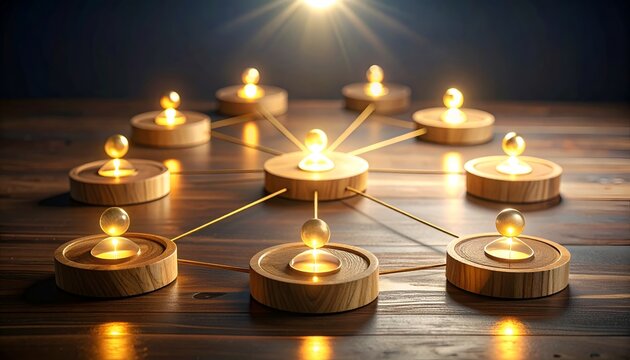 Glowing wooden people connected across a wooden table with a central hub, representing collaboration, business networking, communication, leadership, and team connectivity.