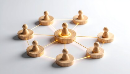 Obraz premium Wooden figures connected around a glowing central leader on a clean white background, symbolizing teamwork, leadership, collaboration, communication, and business networking.