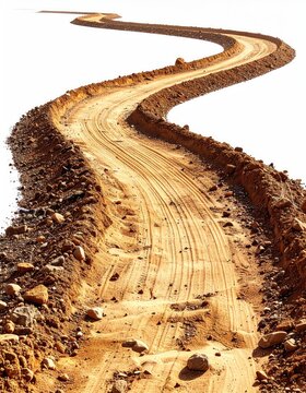Winding dirt path with tire tracks, isolated on white
