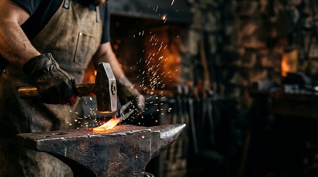 Blacksmith forging glowing metal on an anvil in workshop