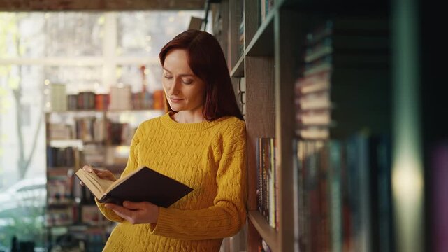 Positive young female librarian reading a new book near bookstore shelves