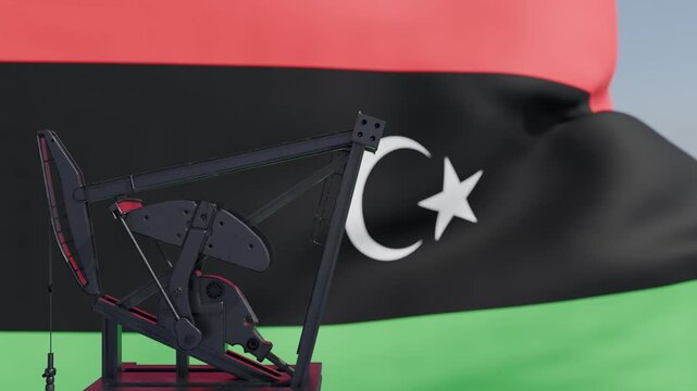 Oil Pump Jack Silhouette with Libya Flag Background &ndash; Oil Industry Animation