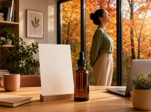 Woman relaxing near window in autumn home office with cosmetic mockup-(Wanita bersantai di dekat jendela di kantor rumah dengan mockup kosmetik)