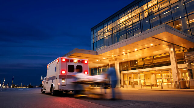 Ambulance arriving at hospital entrances at night with medical staff and stretcher
