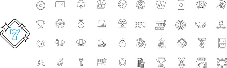 Casino and gambling line icons set, 40 vector elements for betting and gaming, minimalist outline symbols for poker and lottery apps,clean outline vector © Atikur
