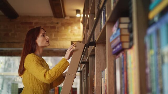 Red-haired woman choosing a book from library shelf, reading hobby and bookworm