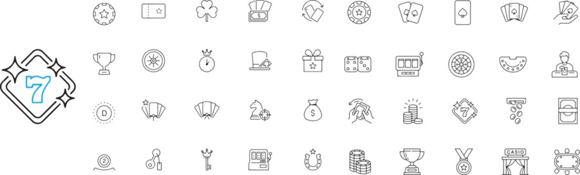 Casino and gambling line icons set, 40 vector elements for betting and gaming, minimalist outline symbols for poker and lottery apps,clean outline vector