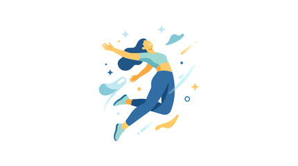 Fototapeta premium Happy woman jumping among clouds in flat style.