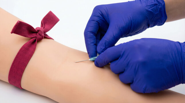 Gloved hands performing venipuncture on patient's arm with red tourniquet