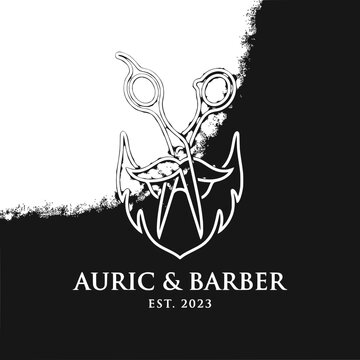 Barber Logo with Scissors, Anchor, and Flames - Auric & Barber Est. 2023