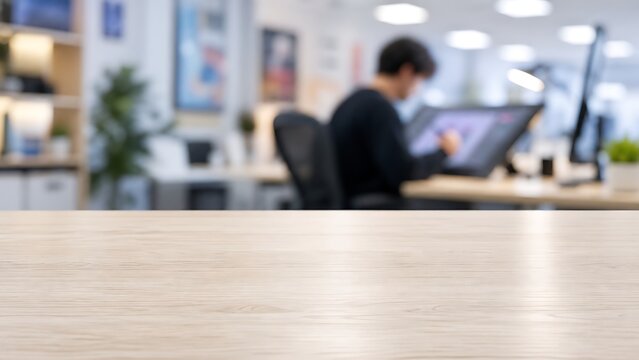 Empty light wood desk foreground with blurred digital illustrator working on graphic tablet in modern studio, highlighting creative agency, tech workplace, and digital artwork design process.