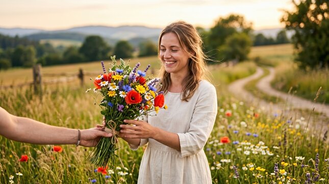 Woman receiving a bouquet of wildflowers in nature