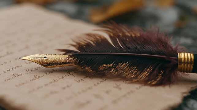 Artistic fountain pen with detailed metallic nib resting on aged vintage parchment document with cursive script.