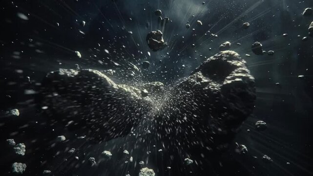 Asteroids scattered through space shown in cinematic style on dark cosmic background, concept of vast cosmic motion