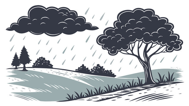 Rainy landscape with tree and dark clouds