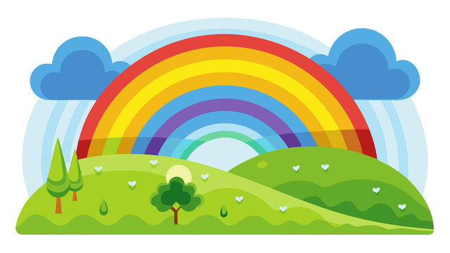 Colorful rainbow over a green hill with clouds and trees