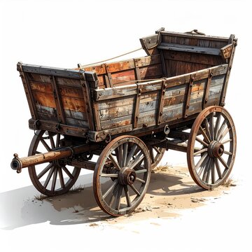 Old wooden cart with spoked wheels on dusty ground