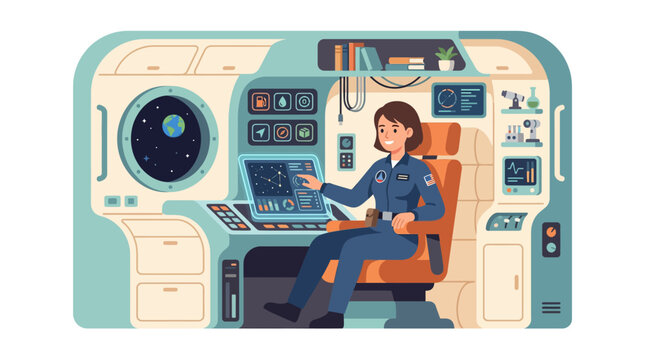 Astronaut pilot operating futuristic spaceship flight controls.