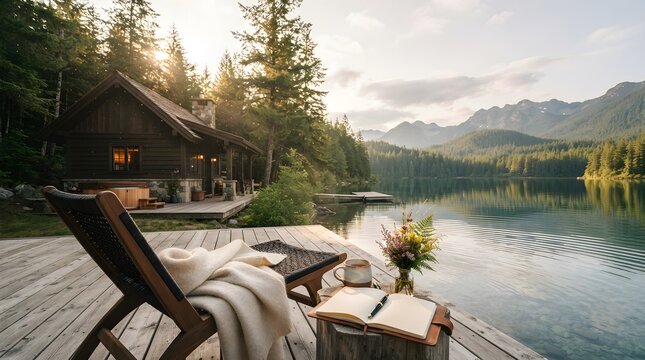 Cabin by mountain lake