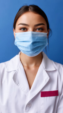 Asian female young doctor wearing mask against blue background