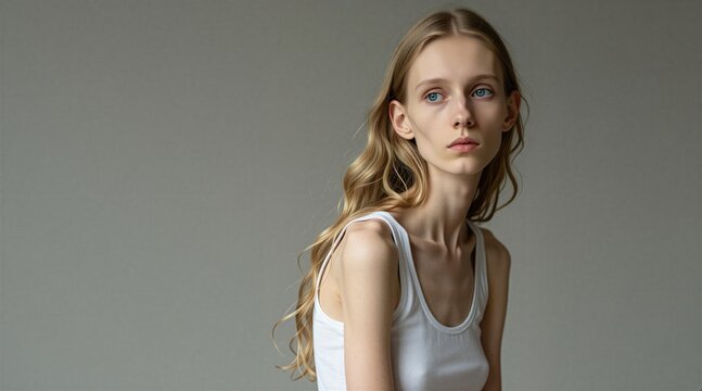 Young woman with very slim body and long blond hair wears white tank top against plain grey background. Her gaze is directed away, conveying a sense of contemplation or introspection.