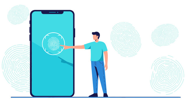 Smartphone fingerprint scan authorization concept, user accessing device securely