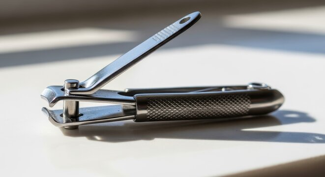 Close up of metal nail clippers on white surface.