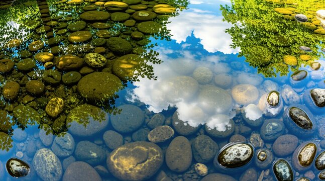 Clear water in shallow stream shows round stones on river bed. Reflection of green trees, blue sky with white clouds on calm liquid surface. Transparent flow makes riverbed visible. Peaceful nature