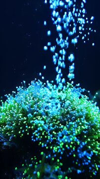 Luminescent Microalgae Releasing Bubbles Underwater - A vibrant cluster of luminescent microalgae glows with green and blue light underwater as a stream of bright bubbles rises towards the surface.