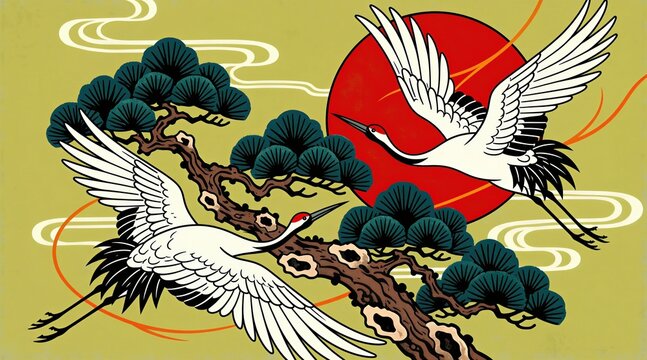 Two white cranes fly near pine tree branches against red sun and clouds. Oriental art style with flowing lines. Classic illustration for Asian themes.