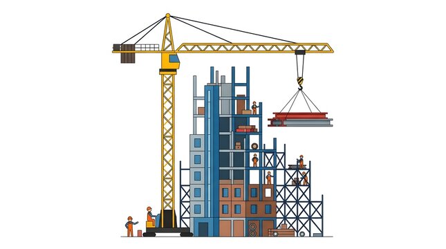 Detailed vector illustration of a tower crane lifting steel beams at a high-rise building construction site with scaffolding and construction workers. Ideal for engineering, commercial construction, i