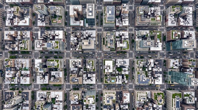 Top Down Aerial View of Modern City Grid Streets and Building Rooftops Urban Planning