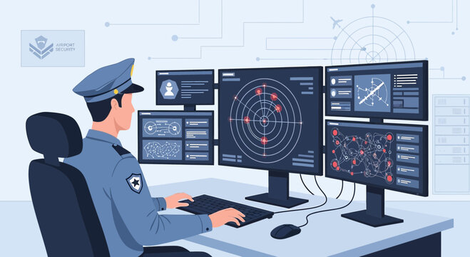 Security Officer Monitors Radar and Data on Multiple Screens