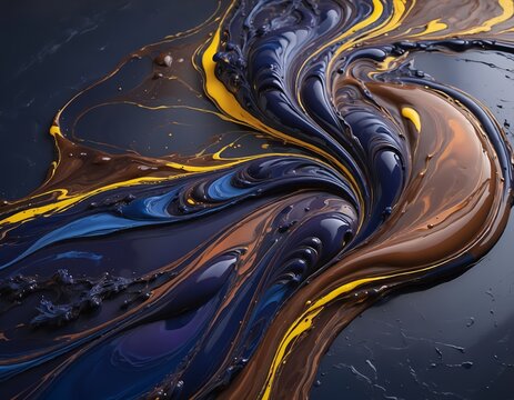 Dynamic abstract fluid marbling art showcasing a captivating blend of deep indigo, rich soga brown, and vibrant golden yellow pigments swirling together in a mesmerizing composition